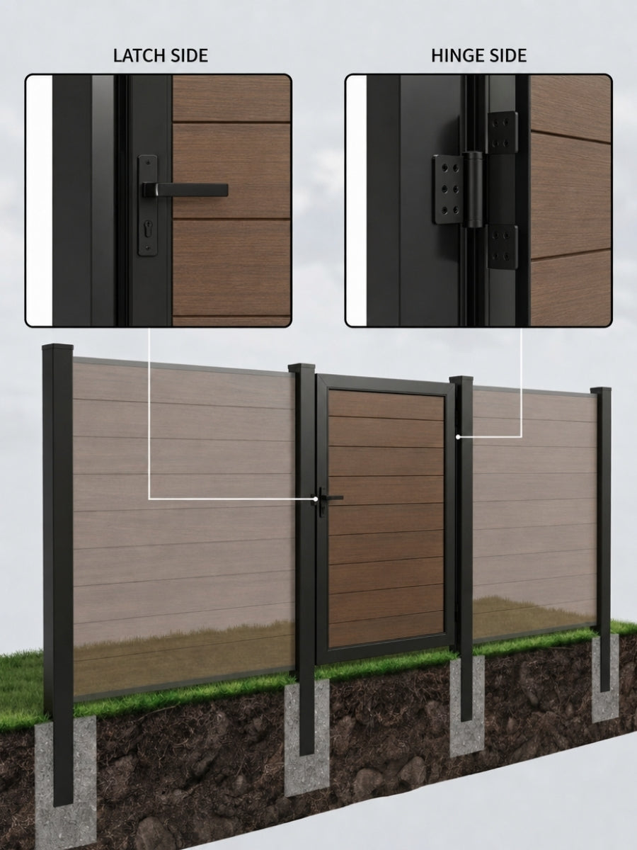 Composite gate and fence supported by black inground posts, with latch-side and hinge-side close-ups