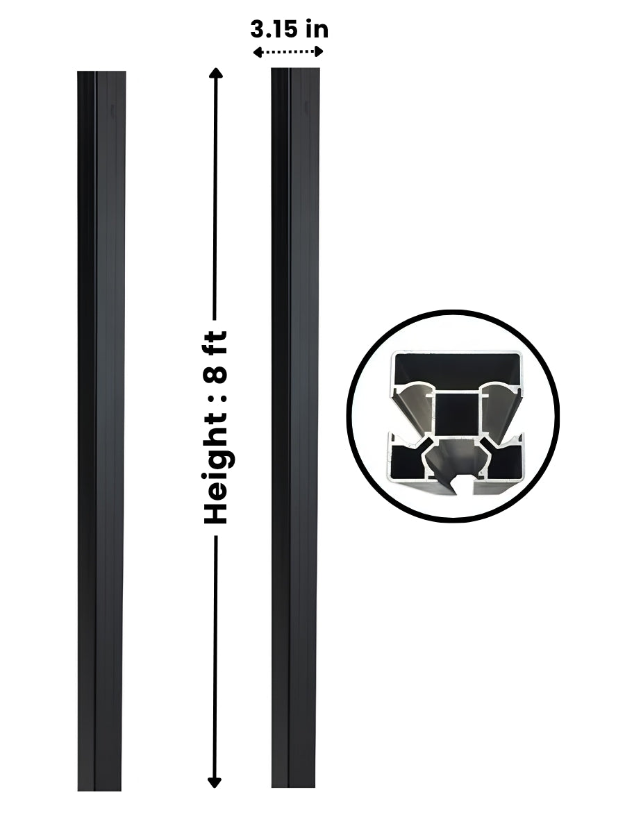 Black 8 ft inground gate post with 3.15-inch width and cross-section detail