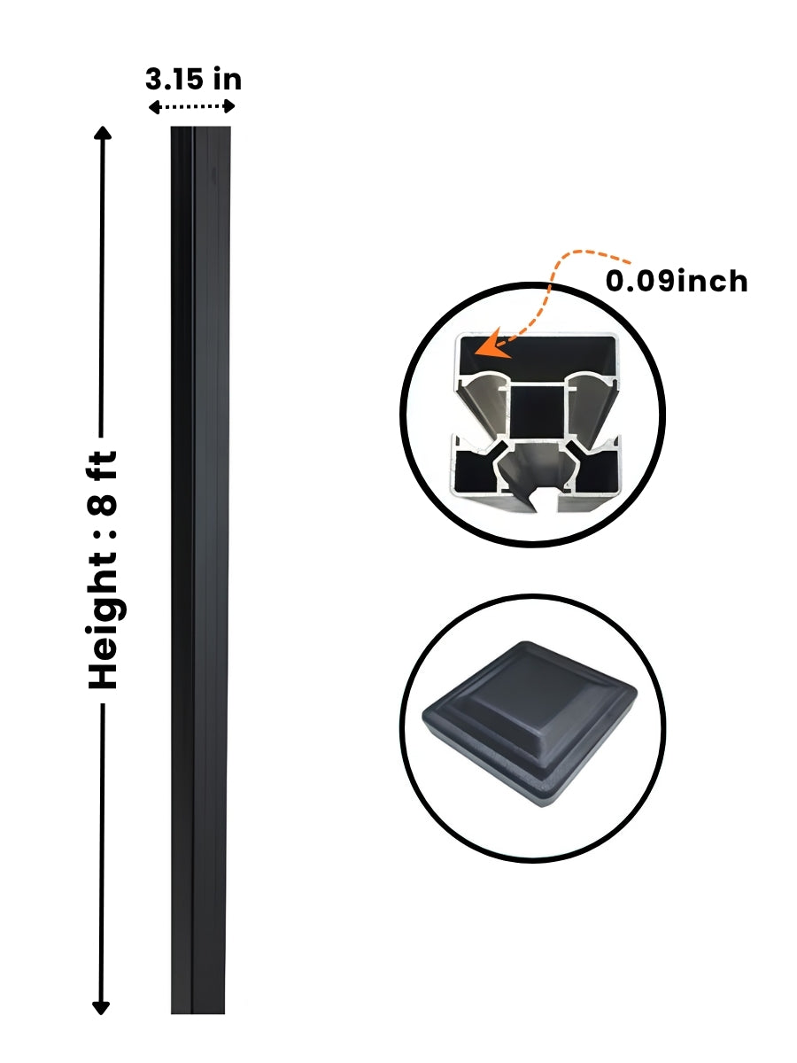 Black 8 ft inground gate post with 3.15-inch width, 0.09-inch wall profile, and square cap