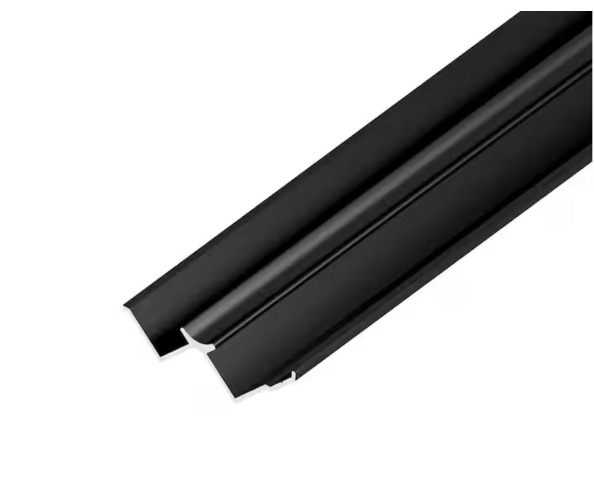 Black aluminum alloy inside corner trim shown diagonally with recessed profile detail