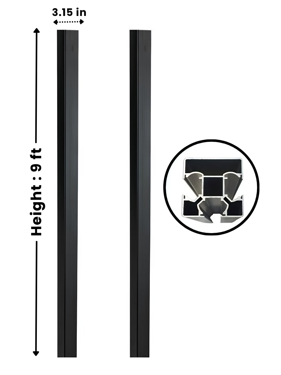 Black 9ft inground gate post shown from two sides with 3.15-inch width and cross-section detail