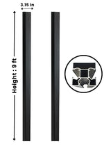 Black 9ft inground gate post shown from two sides with 3.15-inch width and cross-section detail