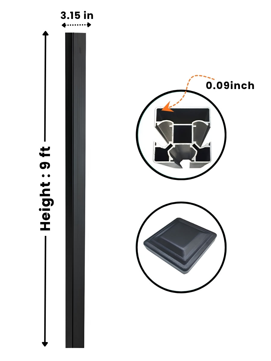 Black 9ft inground gate post with 3.15-inch width, 0.09-inch wall profile and square cap