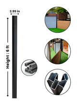 Black 6 ft adjustable angle fence corner post with 2.95-inch width, profile details and installed fencing examples