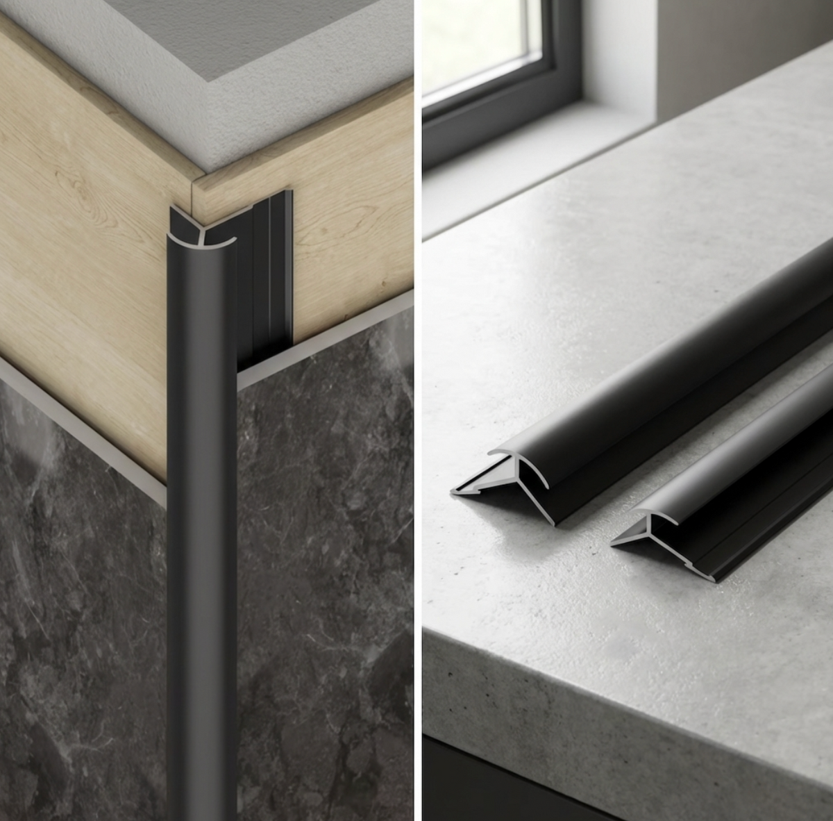 Black aluminum alloy round outside corner trim installed between wall panels beside two loose profile sections
