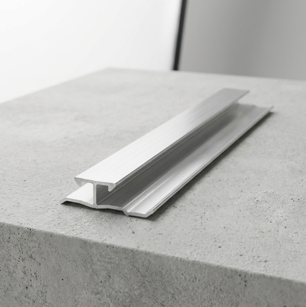 Brushed aluminum seamless trim connector displayed lengthwise on a concrete surface