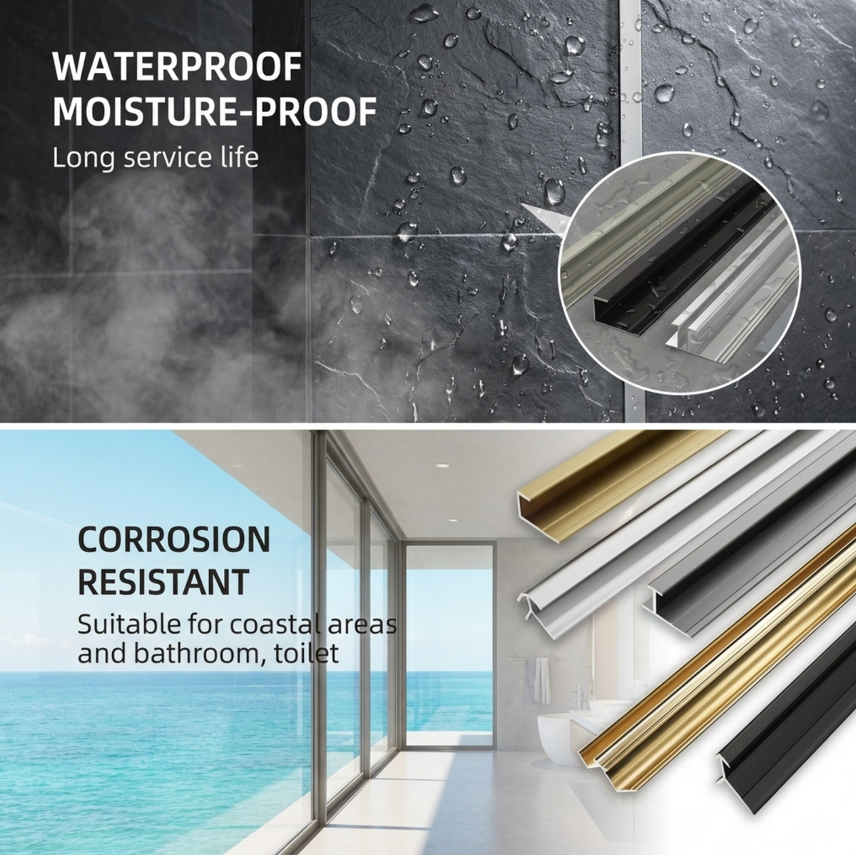 Infographic showing moisture and corrosion resistance applications with black, silver, and gold H trim profiles