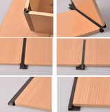 Collage showing black aluminum connection and edge trims fitted to light wood-look panels