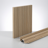 Ash wood veneer wall panel displayed with matching aluminum inside corner trim