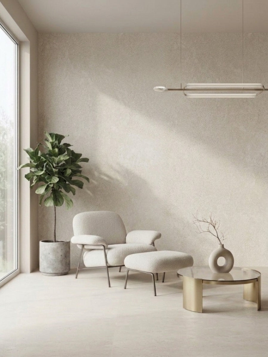 Beige rough-texture PVC wall panels in a minimalist living room