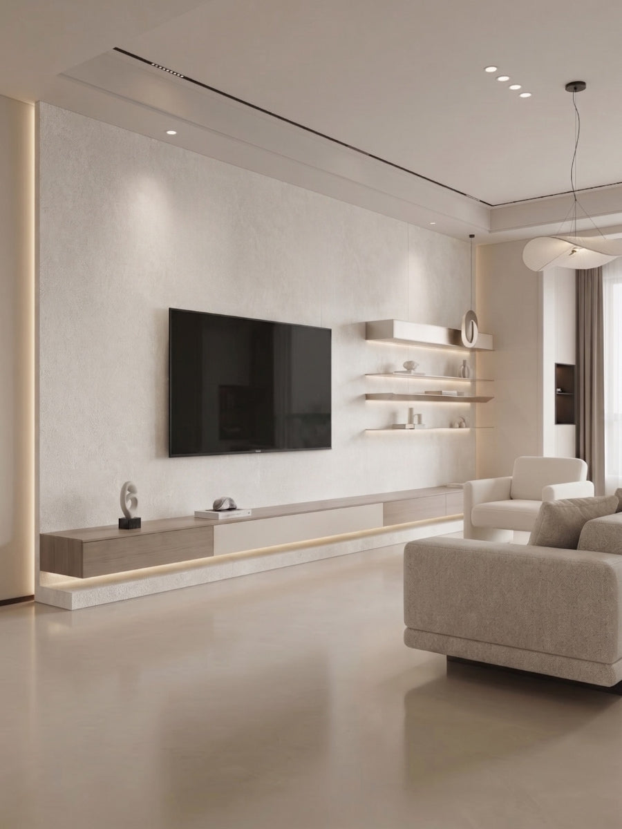 Beige stone-look PVC panels on a modern living room TV wall