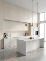 Beige rough-texture PVC wall sheets in a bright modern kitchen