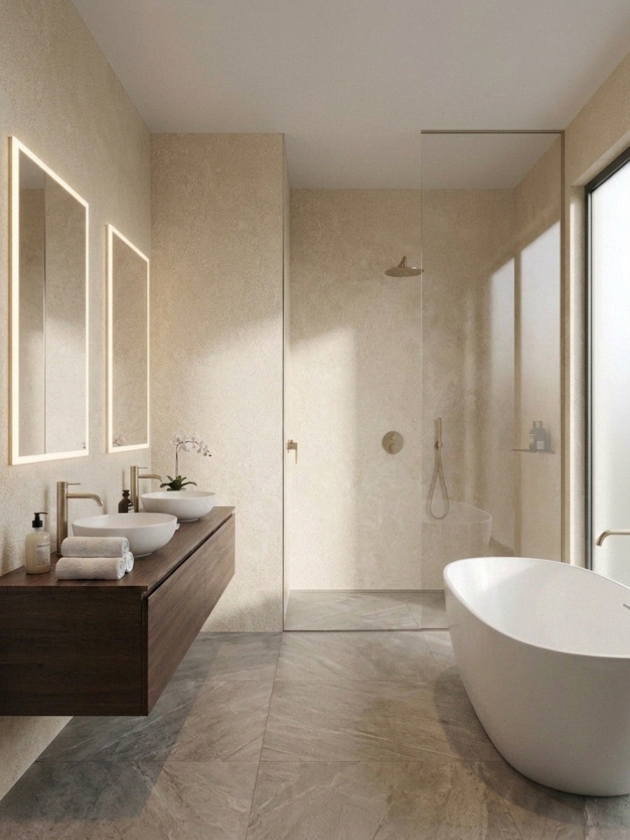 Waterproof beige stone-look PVC wall panels in a modern bathroom