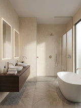 Waterproof beige stone-look PVC wall panels in a modern bathroom