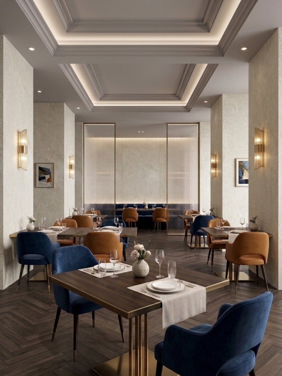 Beige rough-texture PVC panels on restaurant walls and columns