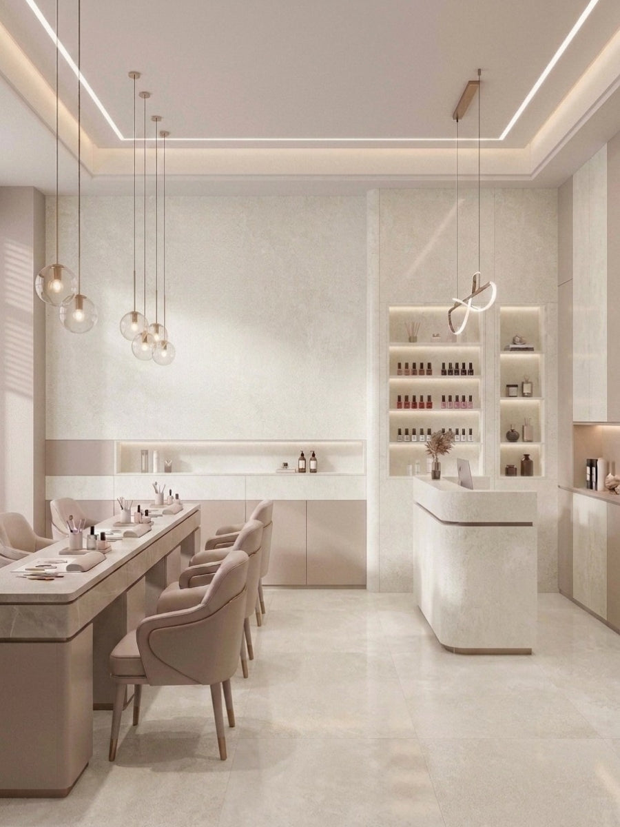Beige stone-look PVC wall panels in a bright modern nail salon