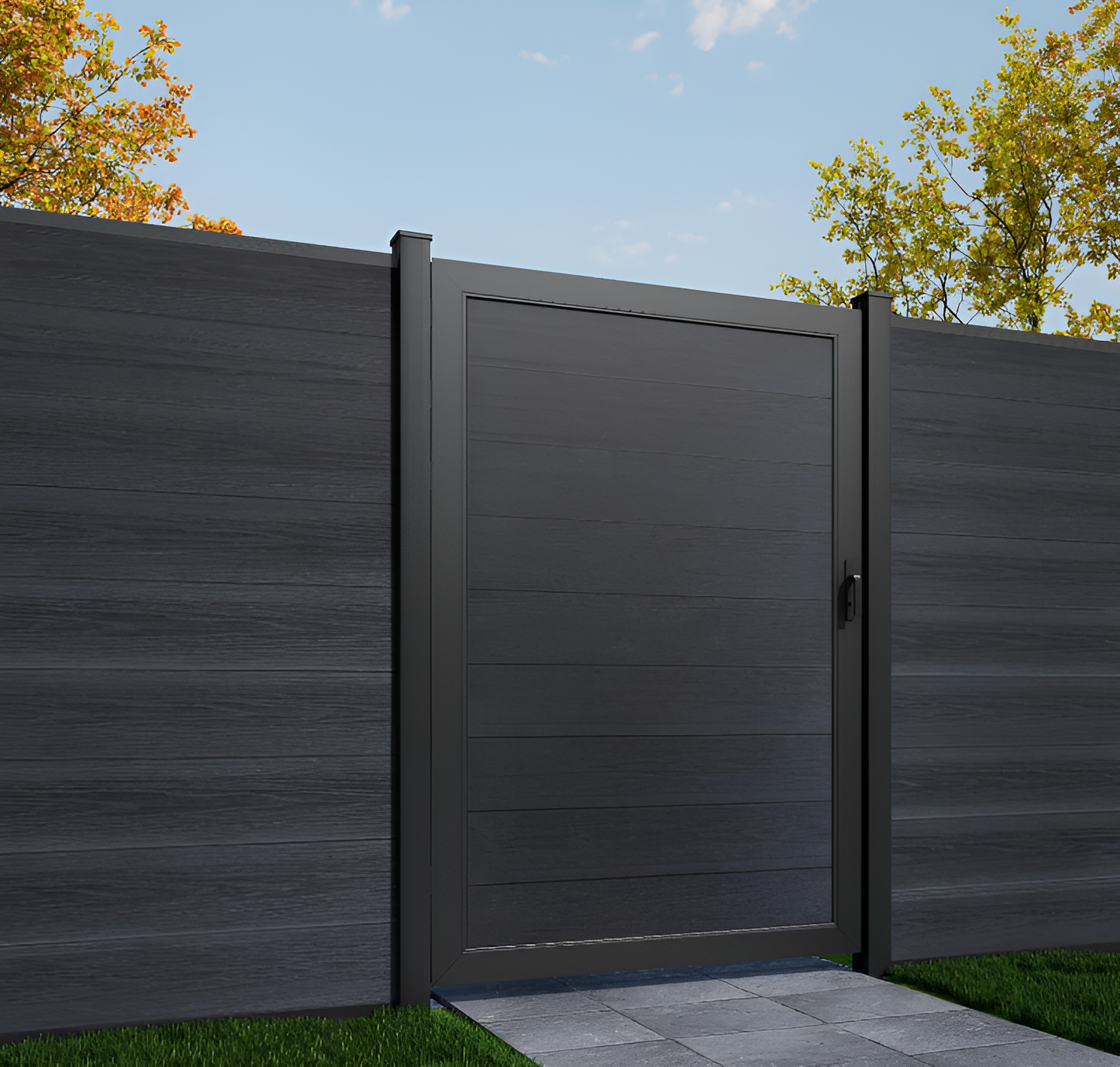 Black Composite  wooden gate with a matching fence in a garden setting.