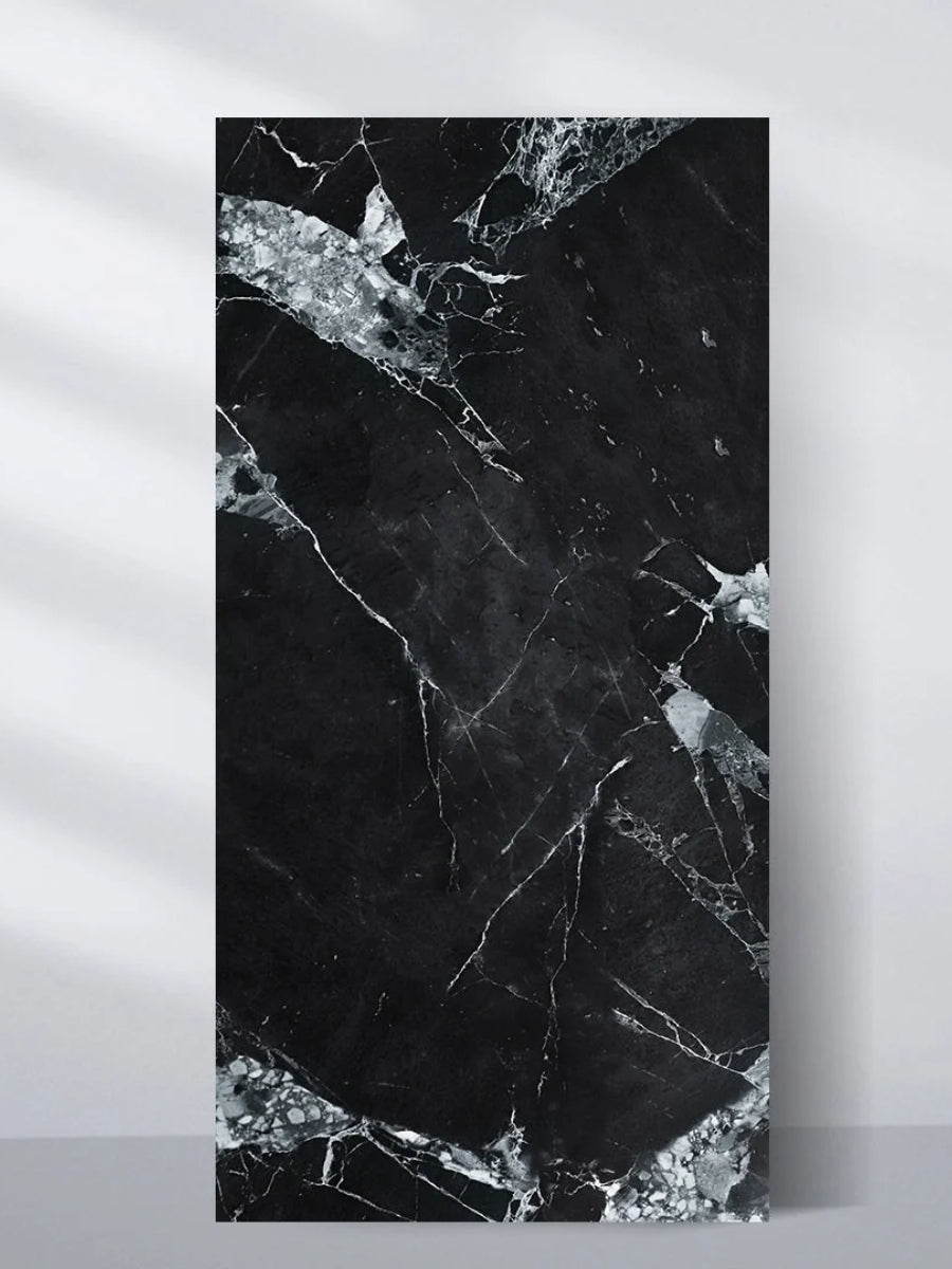 Black and white marble UV-protected PVC wall panel with bold veining, shown as a 4 x 8 ft sheet