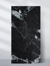 Black and white marble UV-protected PVC wall panel with bold veining, shown as a 4 x 8 ft sheet