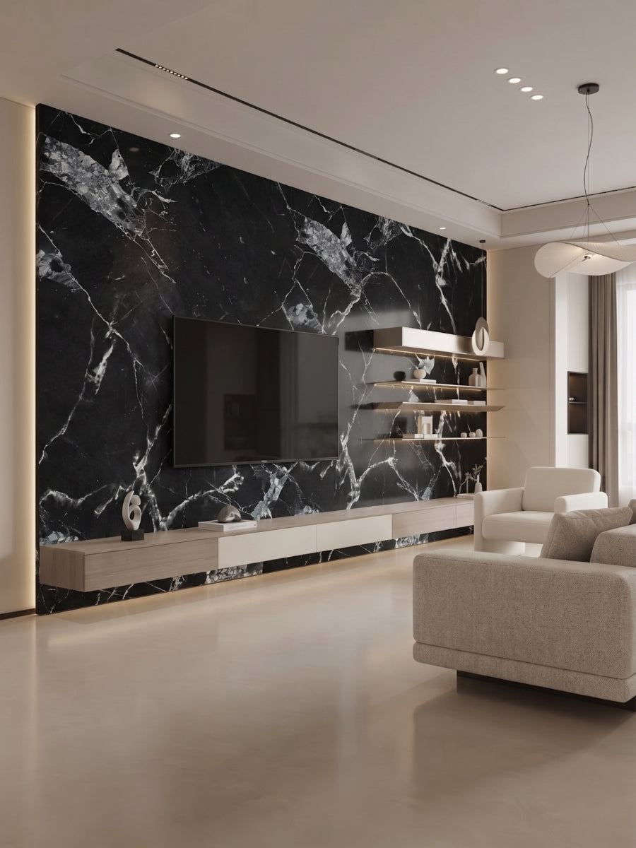 Black and white marble PVC wall panels installed as a TV accent wall in a modern living room