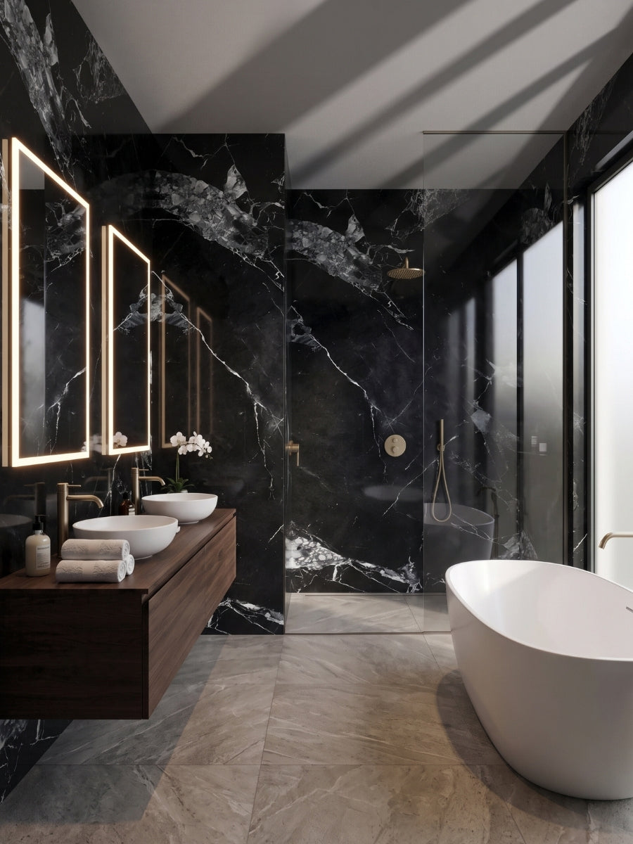 Black and white marble PVC wall panels surrounding a modern bathroom vanity, shower, and freestanding tub