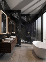 Black and white marble PVC wall panels surrounding a modern bathroom vanity, shower, and freestanding tub