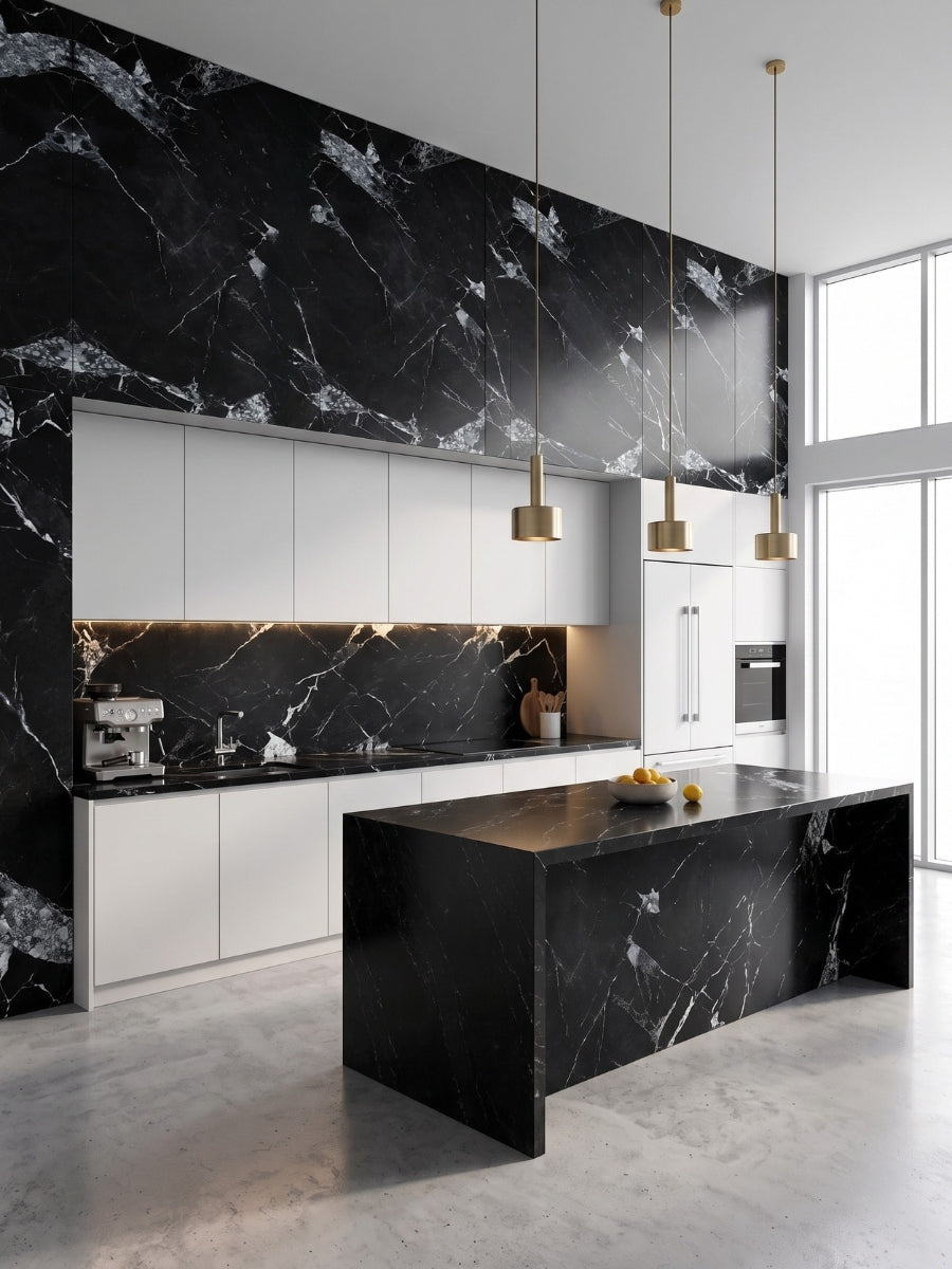 Black and white marble PVC wall panels installed around white kitchen cabinets and a matching island