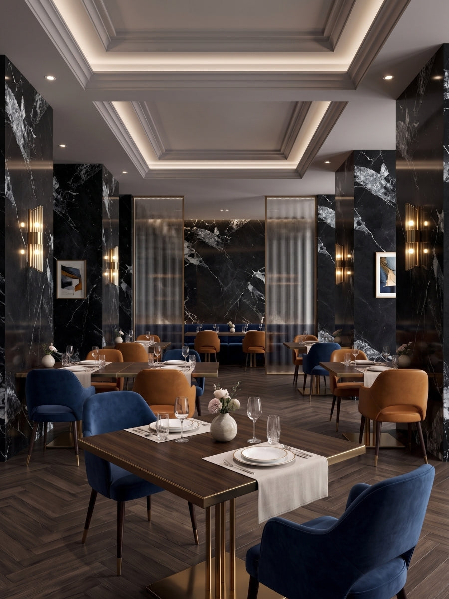 Black and white marble PVC wall panels covering columns and accent walls in an elegant restaurant dining room