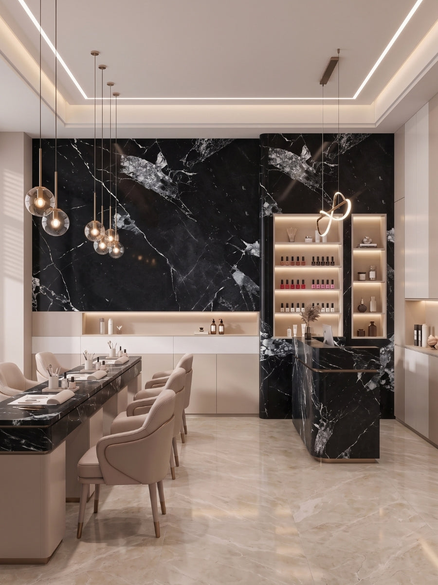 Black and white marble PVC wall panels with matching counters in a modern salon interior