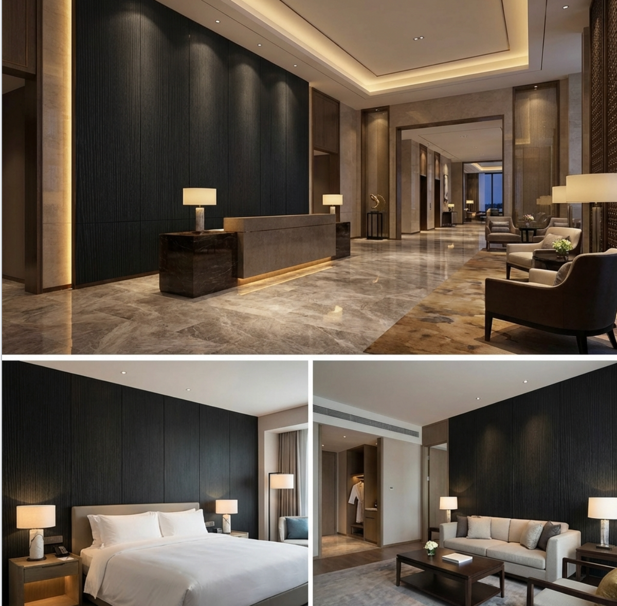 Blackwood veneer wall panels installed in upscale hotel reception, bedroom, and lounge interiors
