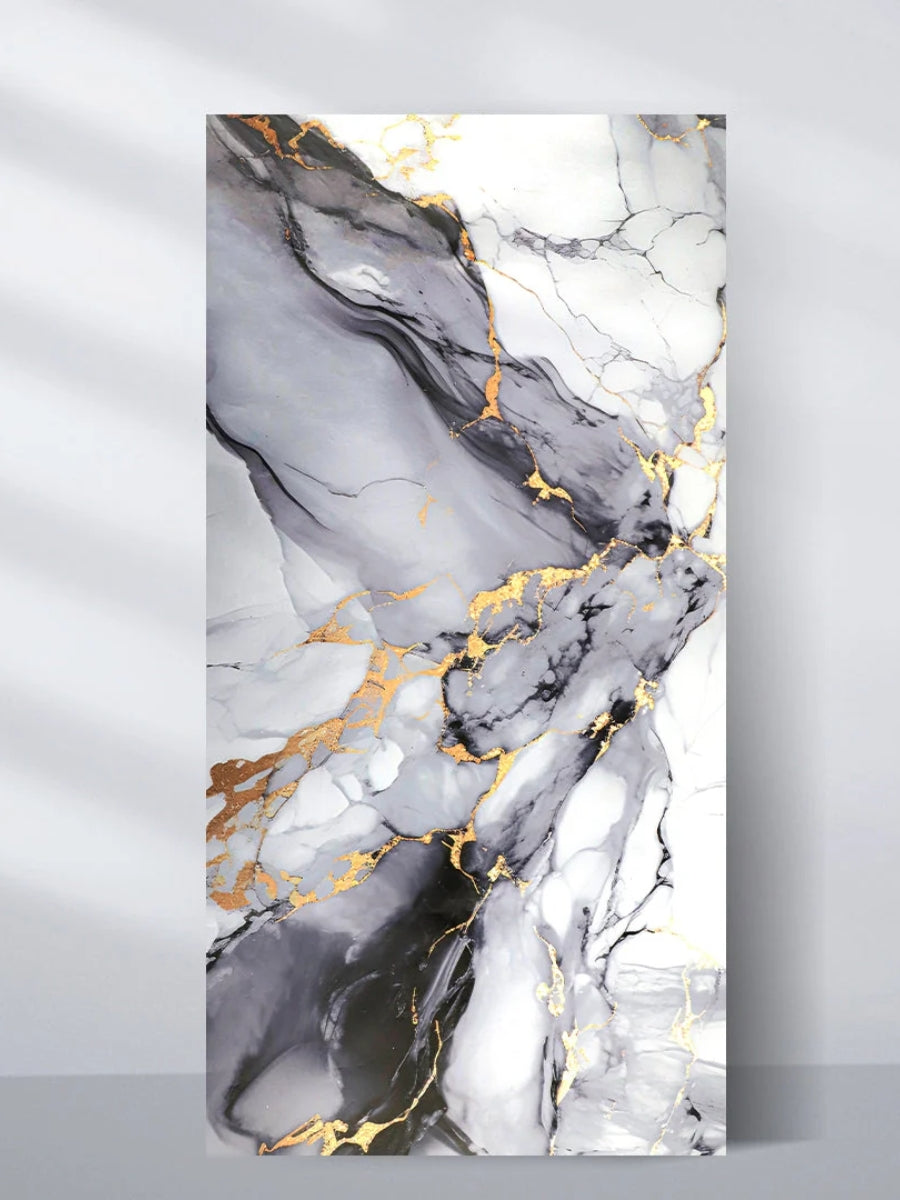 Blue Mist 4x8 ft PVC marble sheet with flowing gray, white, black, and gold veining