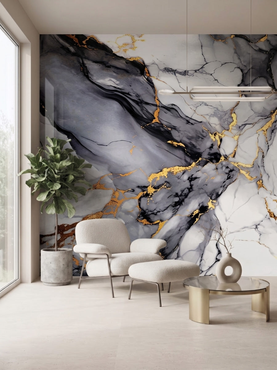 Blue Mist PVC marble sheets creating a gray, white, and gold feature wall in a modern sitting area