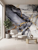 Blue Mist PVC marble sheets creating a gray, white, and gold feature wall in a modern sitting area