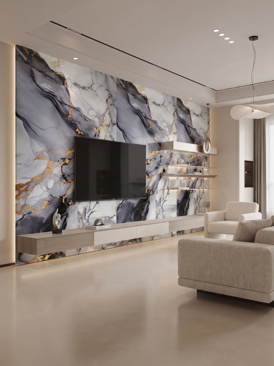 Modern living room TV wall clad in Blue Mist PVC marble sheets with dramatic gray and gold veining