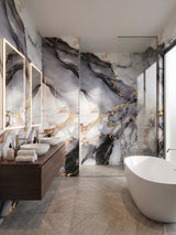 Blue Mist waterproof PVC marble sheets covering bathroom and shower walls beside a freestanding tub