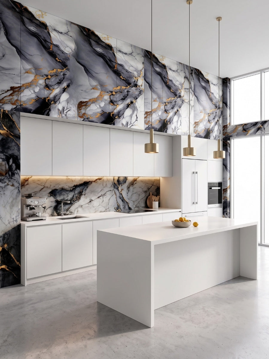 Contemporary white kitchen with Blue Mist PVC marble sheets on the backsplash and upper walls