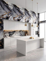 Contemporary white kitchen with Blue Mist PVC marble sheets on the backsplash and upper walls
