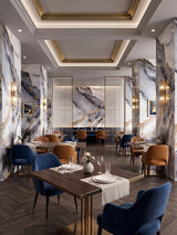 Elegant restaurant interior with Blue Mist PVC marble sheets accenting the walls and columns