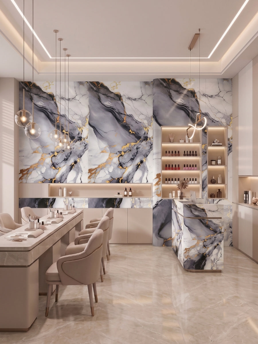 Blue Mist PVC marble sheets applied to a dining room feature wall, bar front, and counter