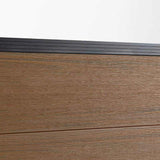 Brown walnut composite fence co-extrusion with sleek black metal railing, durable and stylish, available in NJ.