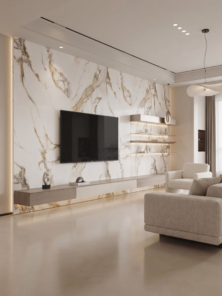 Calacatta Oro Gold marble-look PVC wall panels installed behind a TV in a modern living room