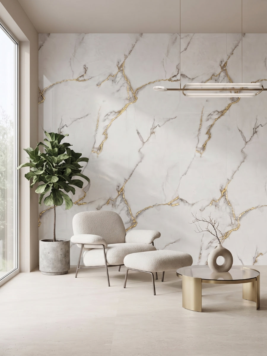 Contemporary sitting area with Calacatta Oro Gold wall panels featuring gray and gold veining