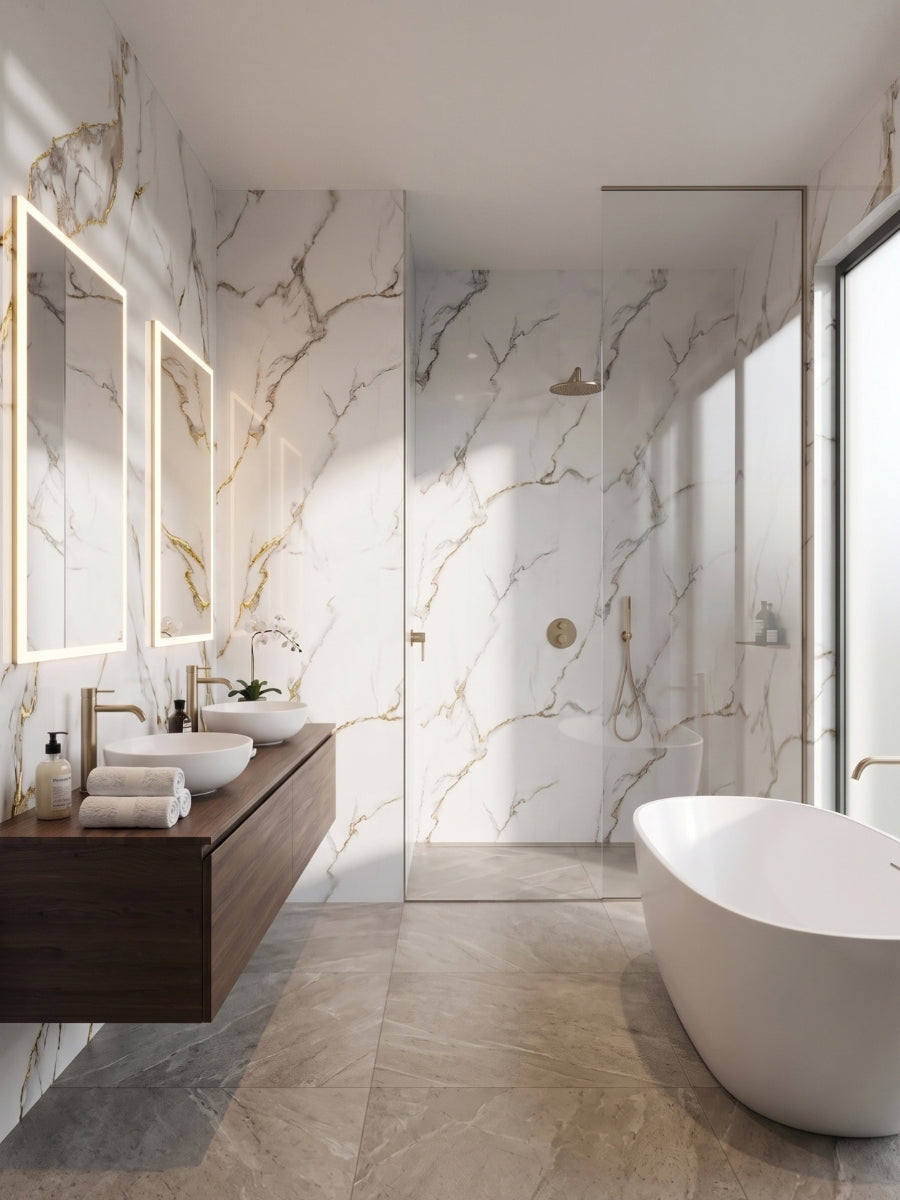 Modern bathroom lined with Calacatta Oro Gold PVC wall panels around a glass shower and freestanding tub
