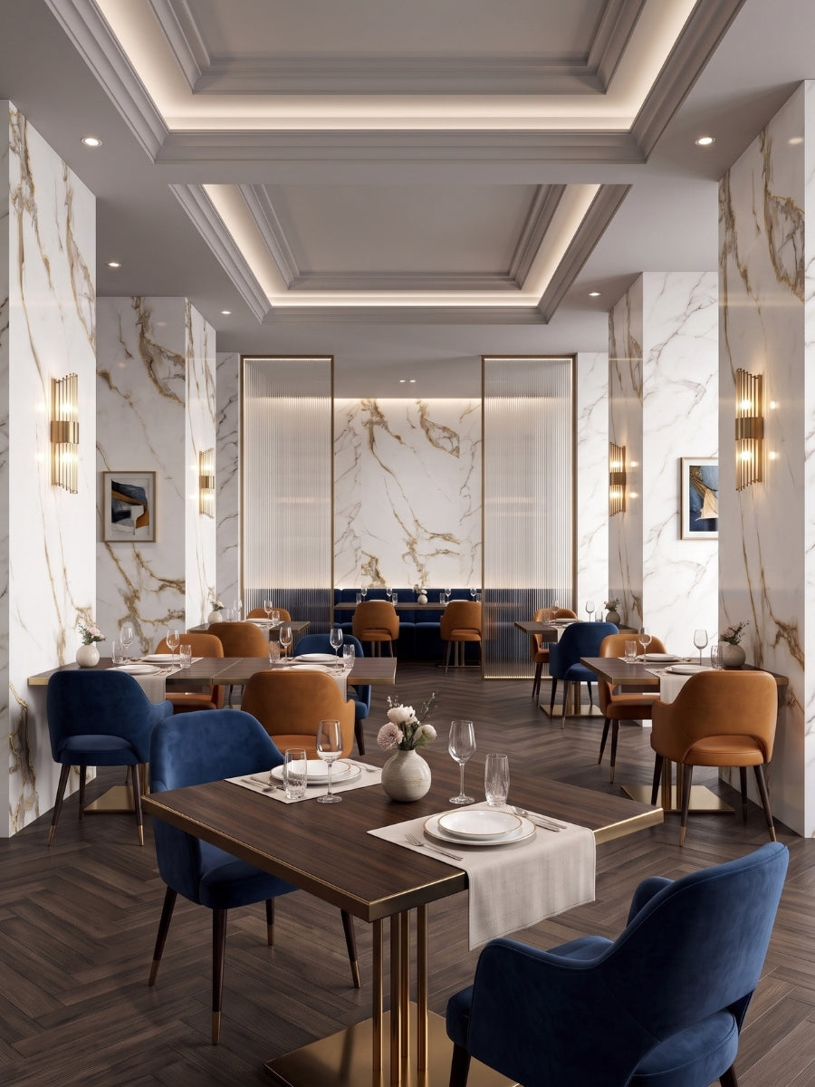 Restaurant dining room with Calacatta Oro Gold marble-look panels covering walls and columns