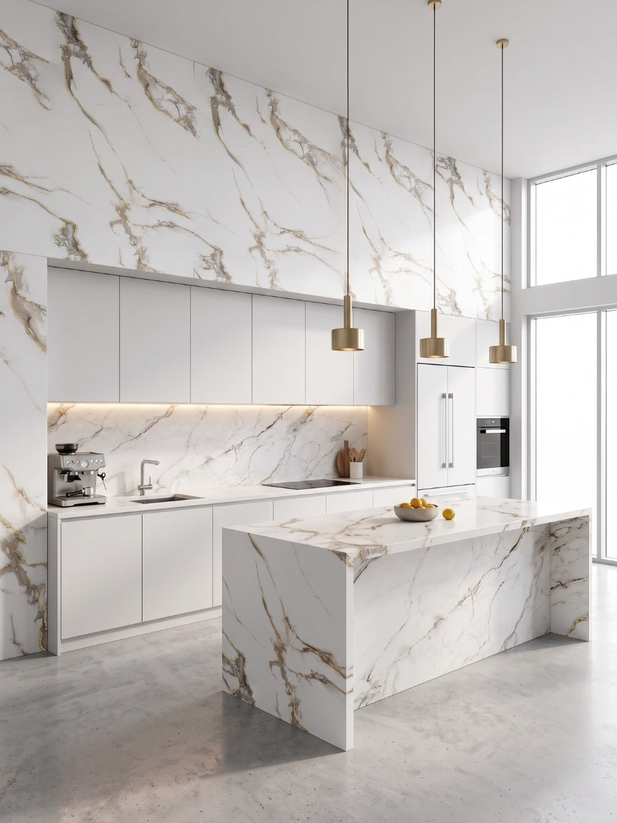 Bright modern kitchen with Calacatta Oro Gold wall panels and coordinated white, gray, and gold veined island