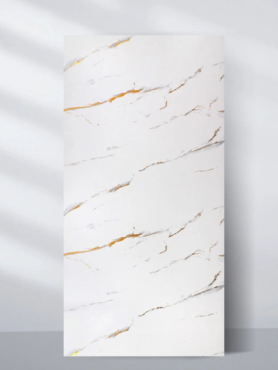 4 x 8 ft Caramel Vein PVC marble sheet with a white surface and fine caramel and gray veining