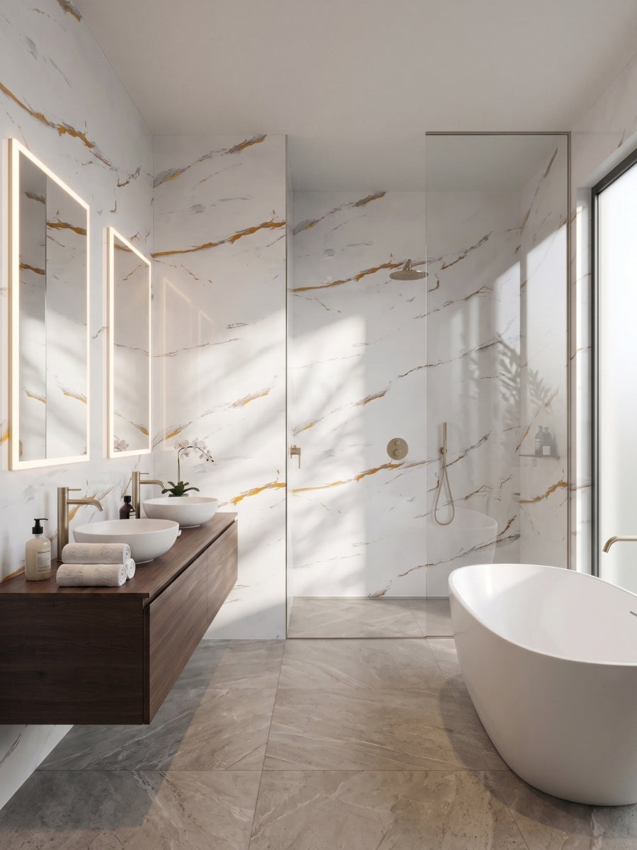 Modern bathroom with Caramel Vein PVC marble sheets covering the vanity and shower walls