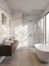 Modern bathroom with Caramel Vein PVC marble sheets covering the vanity and shower walls