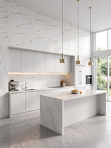 Modern white kitchen with Caramel Vein PVC marble sheets across the walls and backsplash