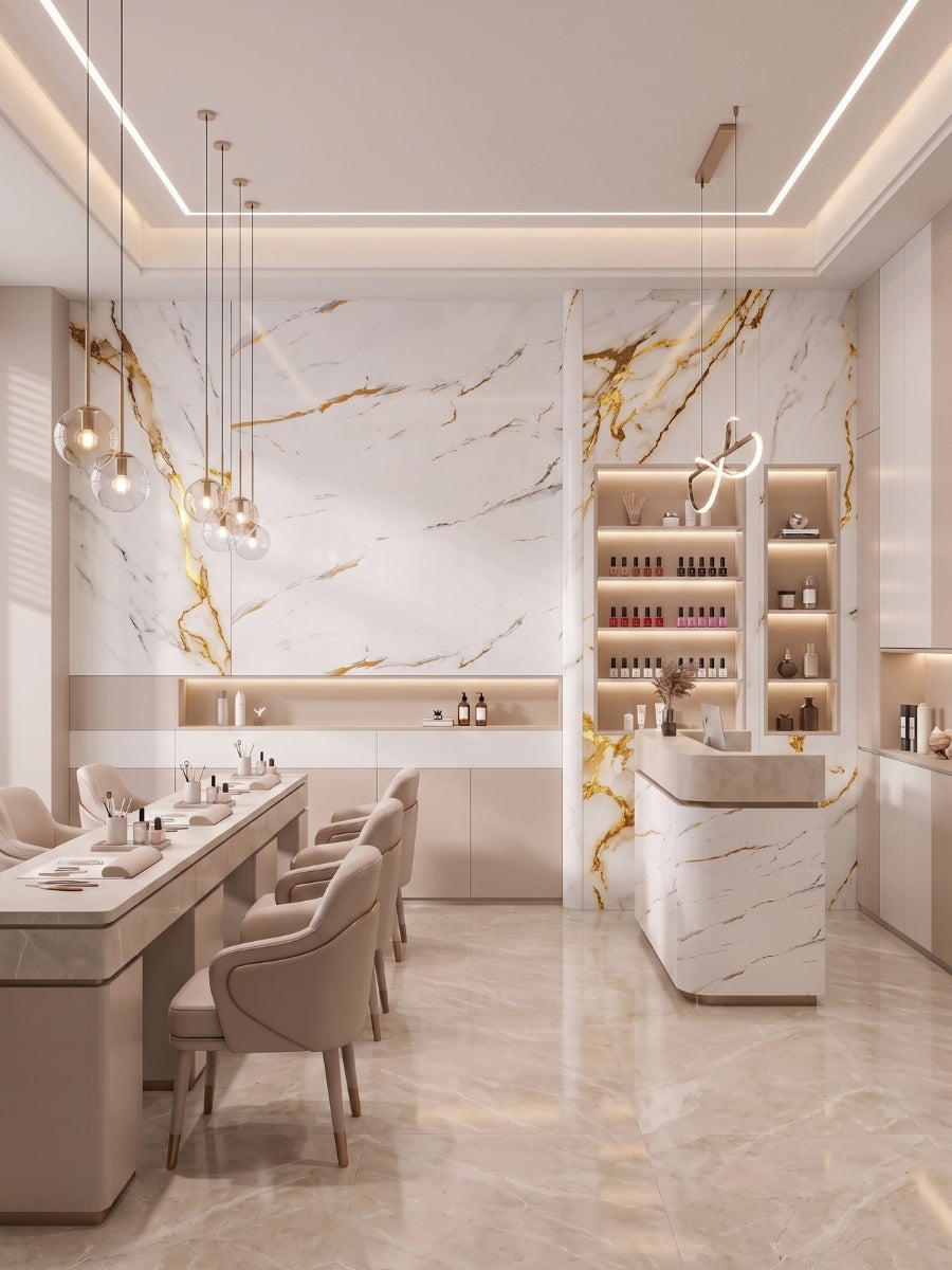 Modern manicure salon with Caramel Vein PVC marble wall panels and a matching reception counter